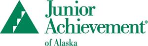 Junior Achievement of Alaska wording with a green triangle filled with stairs inside the triangle  